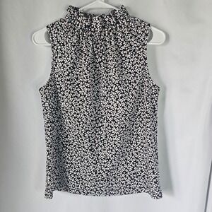 Ann Taylor Factory Womens Black Floral Ruffle Mock Neck Sleeveless Shell Top S